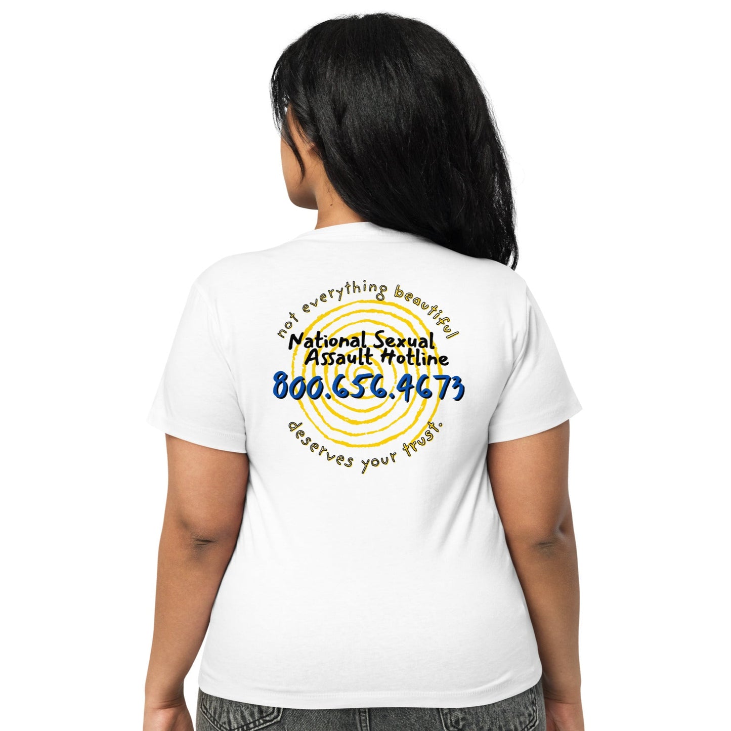Plus-size model wearing high-waisted Not Everything Beautiful t-shirt back view with hotline design and spiral.