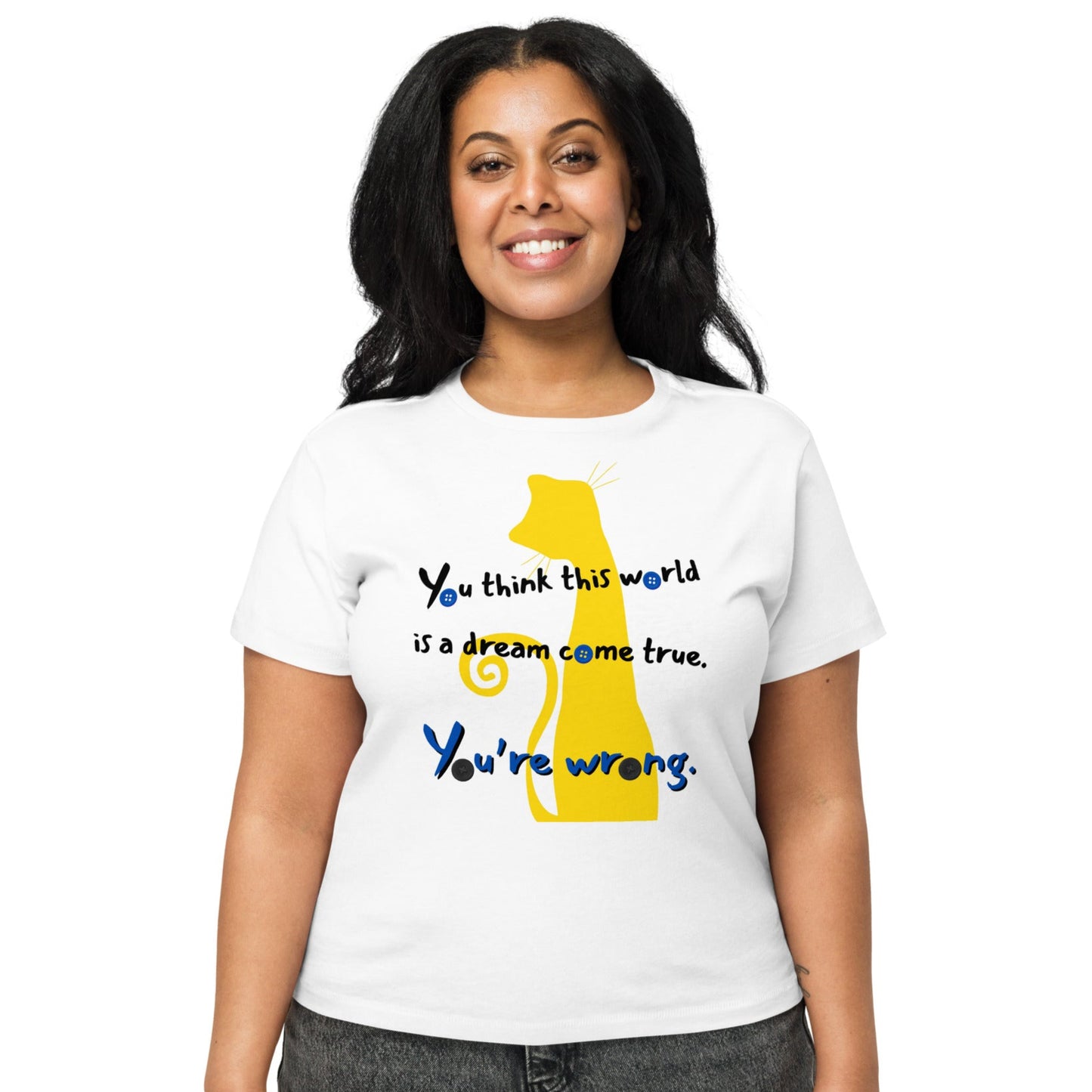 Plus-size model wearing Coraline-inspired high-waisted Not Everything Beautiful t-shirt front view with survivor-centered quote
