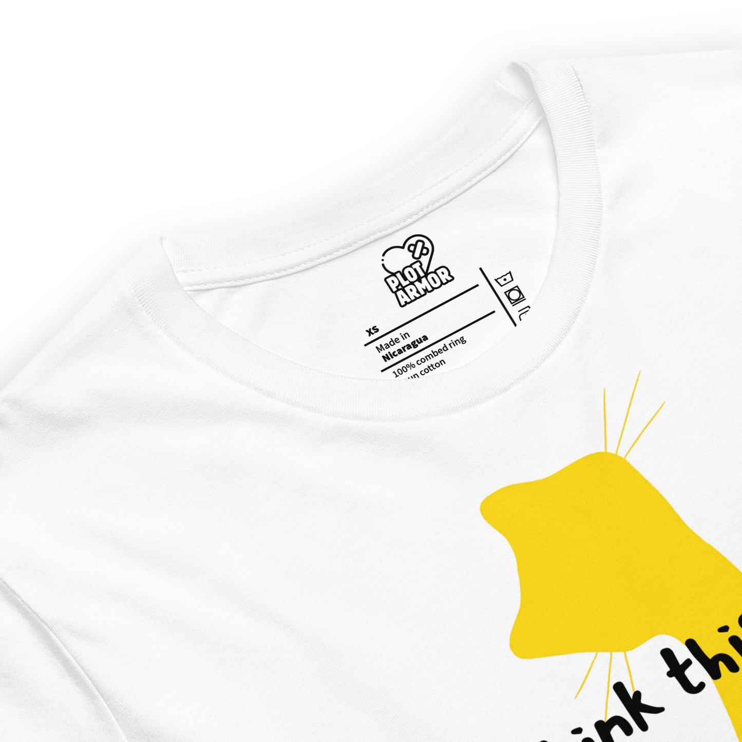 Close-up of Plot Armor neck label printed inside Not Everything Beautiful t-shirt.