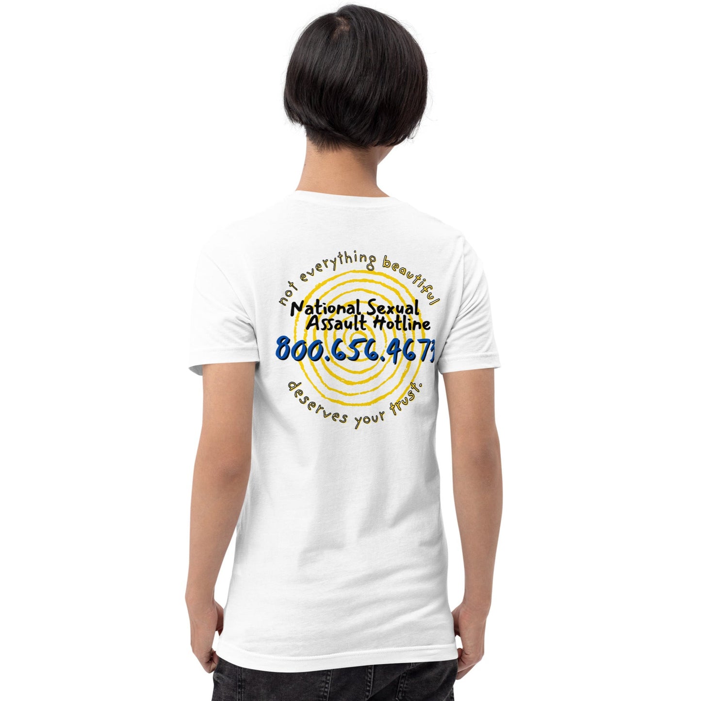Male model wearing Not Everything Beautiful t-shirt back view with spiral portal and National Sexual Assault Hotline.