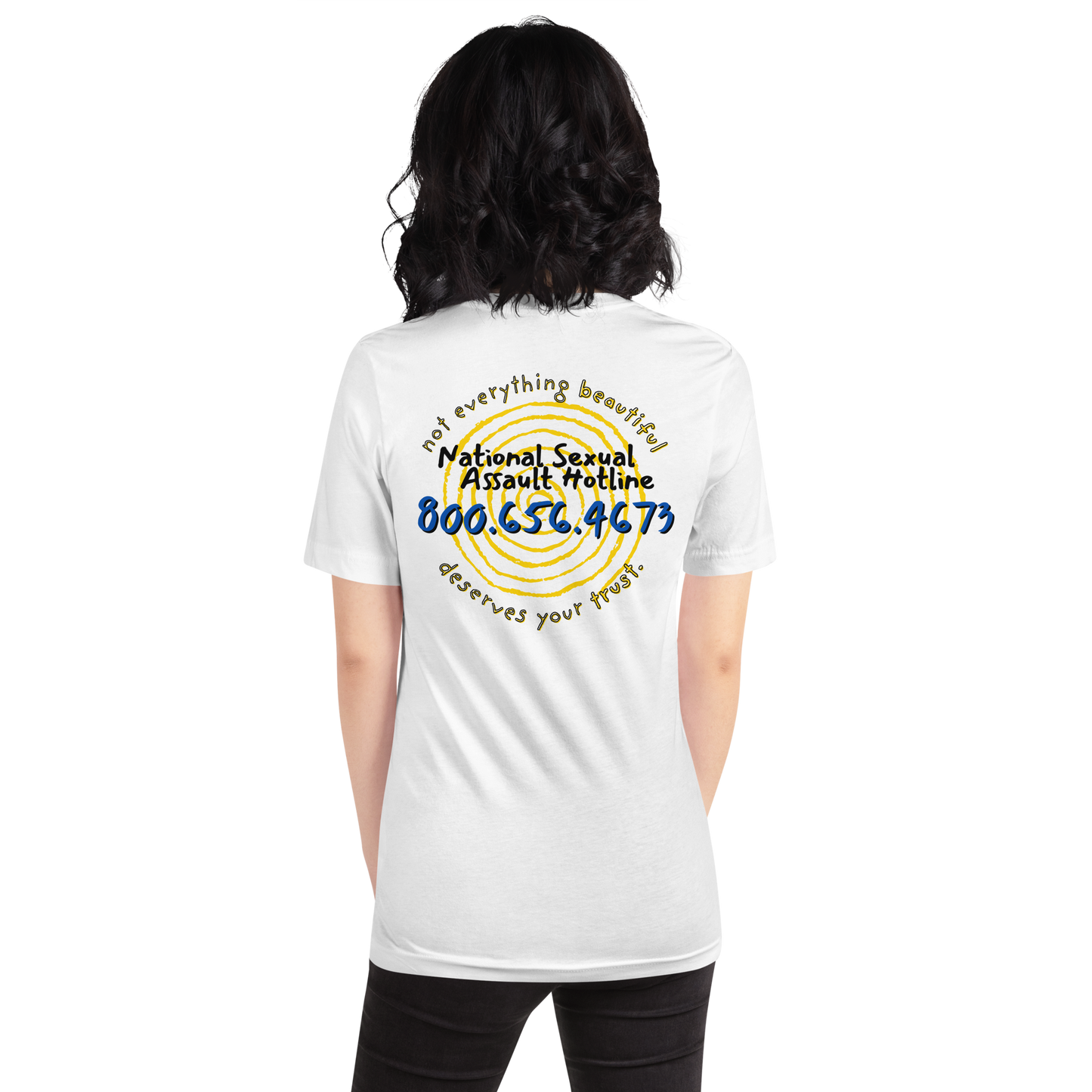 Female model wearing Not Everything Beautiful t-shirt back view showing hotline and spiraling portal design.