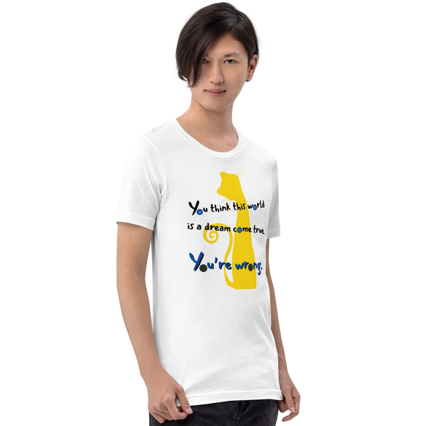 Male model wearing Coraline-inspired Not Everything Beautiful t-shirt front view with reworked quote.