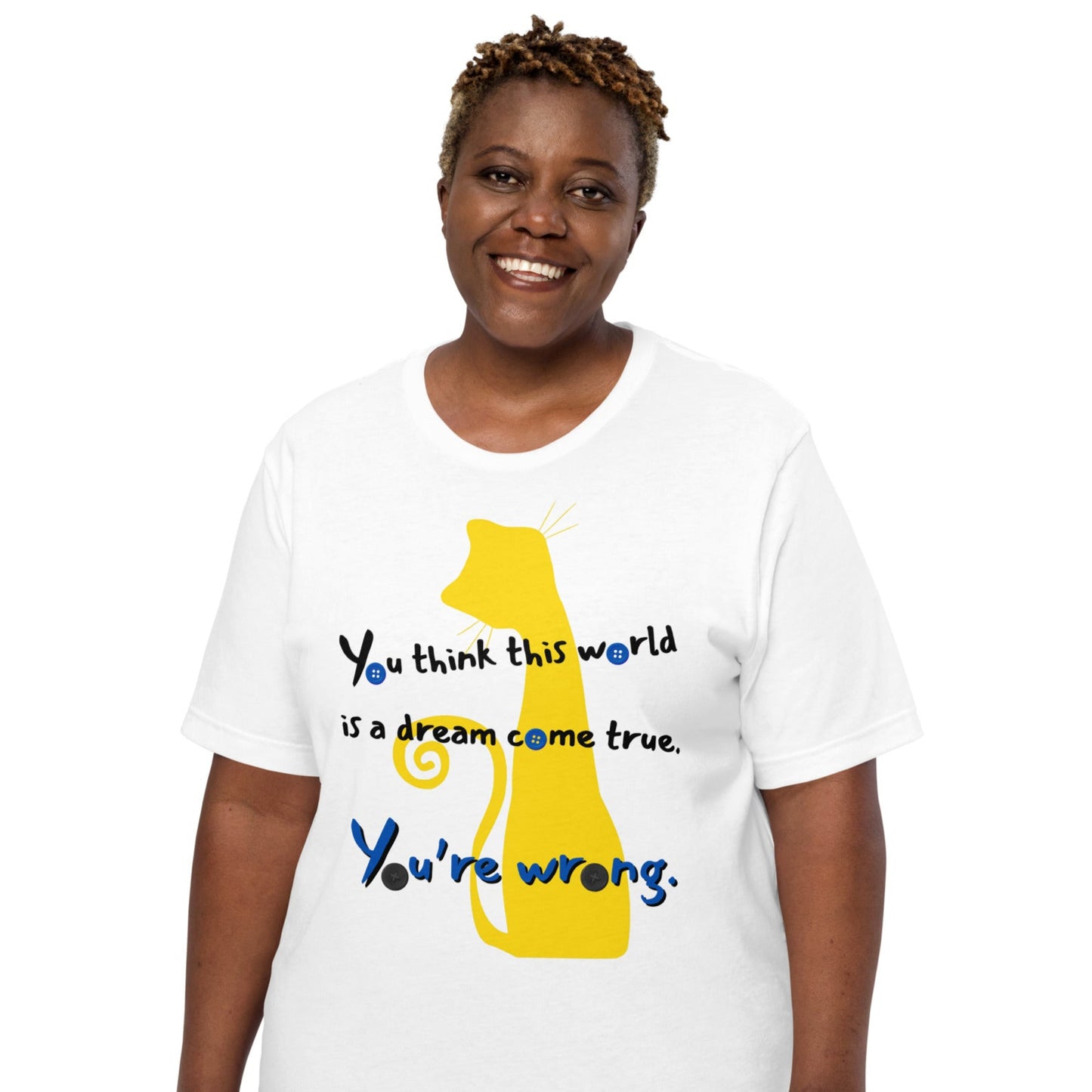 Plus-size model wearing Coraline-inspired Not Everything Beautiful t-shirt front view with quote about trust.