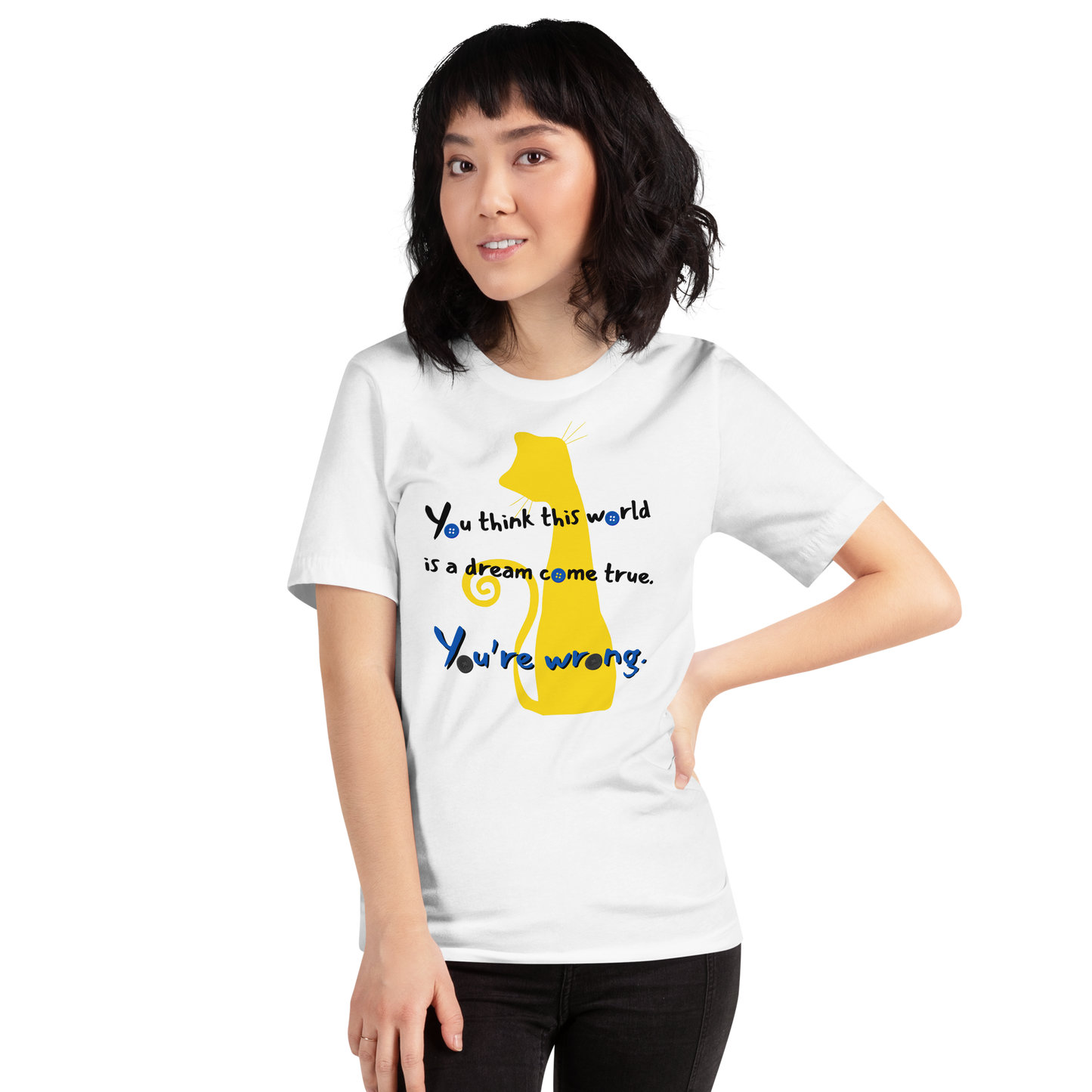 Female model wearing Not Everything Beautiful Coraline-inspired t-shirt front view with twisted Coraline quote.