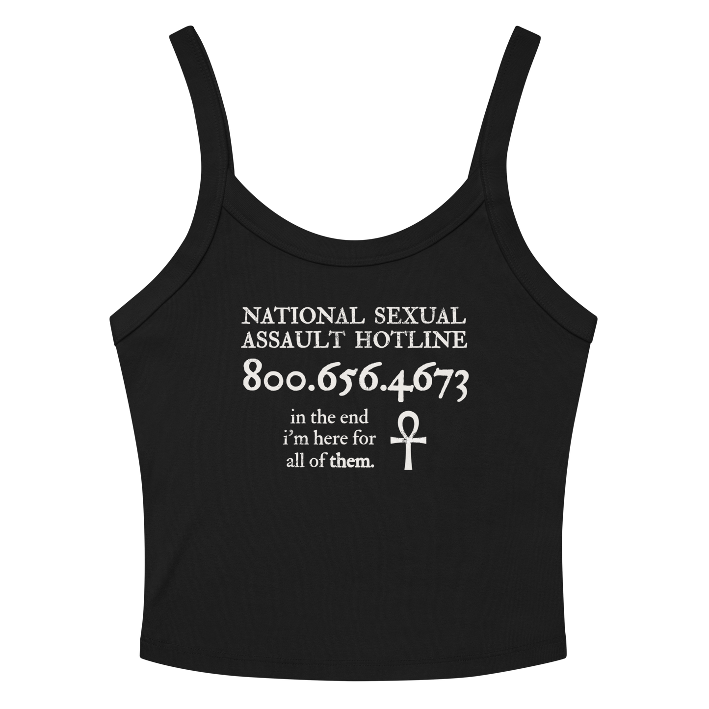 Flat lay of Trust the Story Sandman tank top - back side with Death quote and hotline.