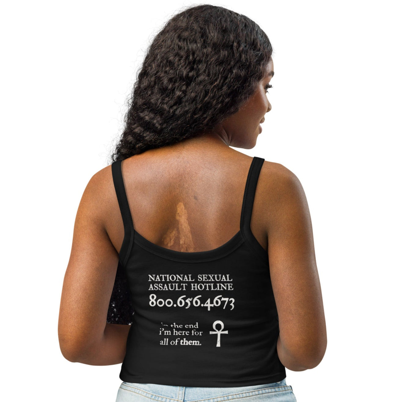 Model wearing Trust the Story t-shirt -back view with Death quote and hotline number
