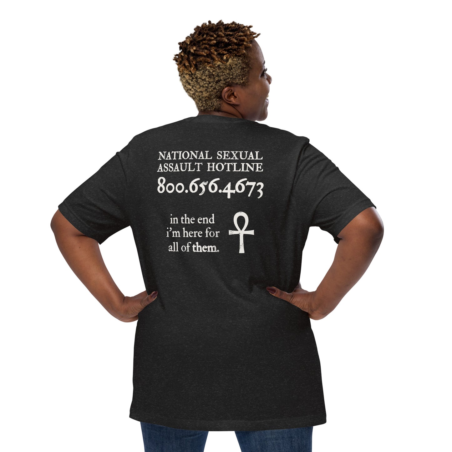 Plus-size model wearing Trust the Story t-shirt — back view with Death quote and survivor support hotline.