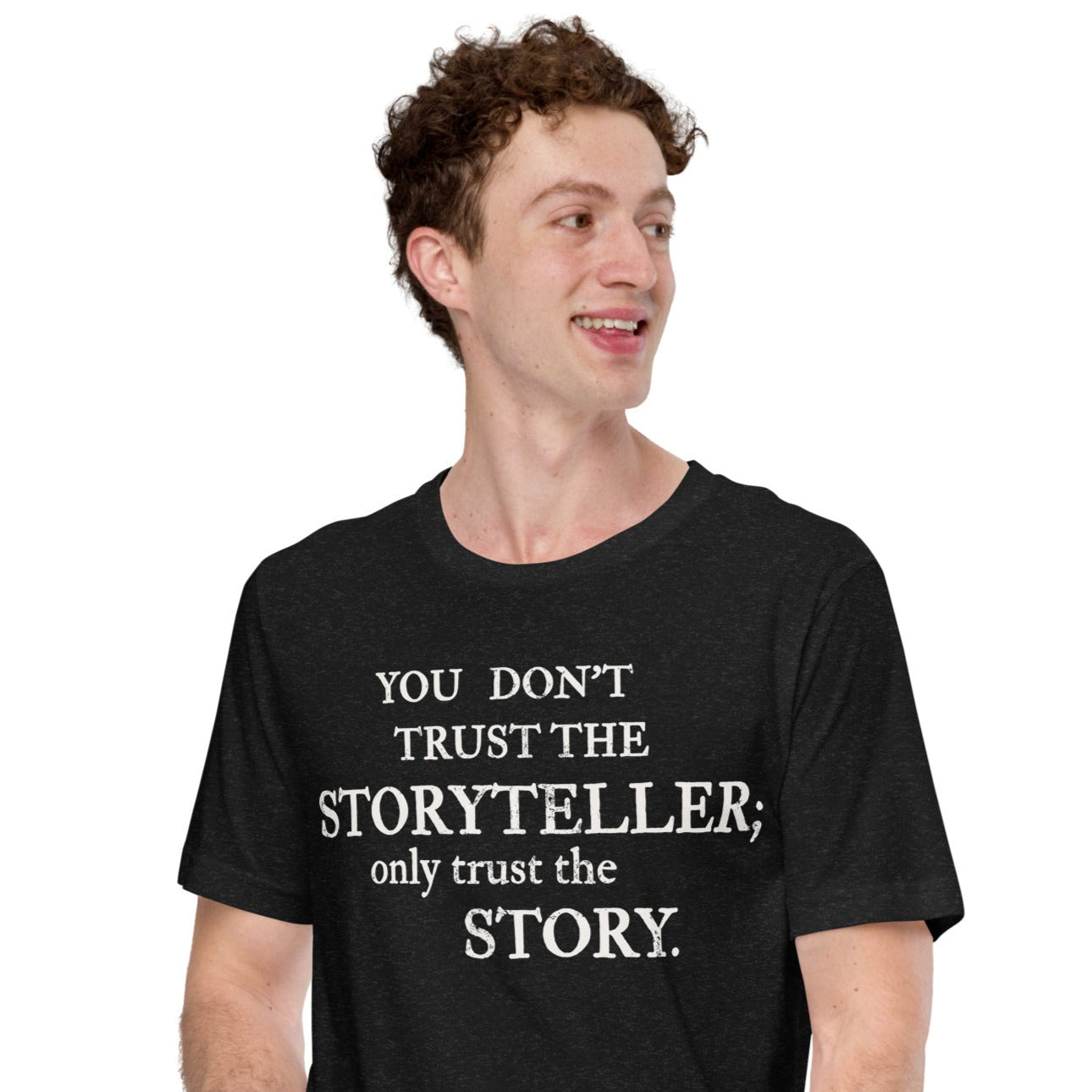 Male model wearing Sandman-inspired Trust the Story t-shirt — front view with quote across chest.