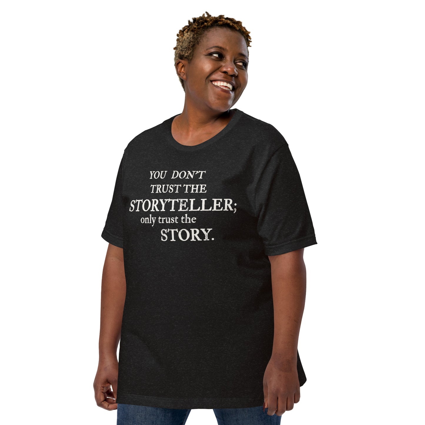 Plus-size model wearing Trust the Story Sandman-inspired t-shirt — front view with quote across chest.