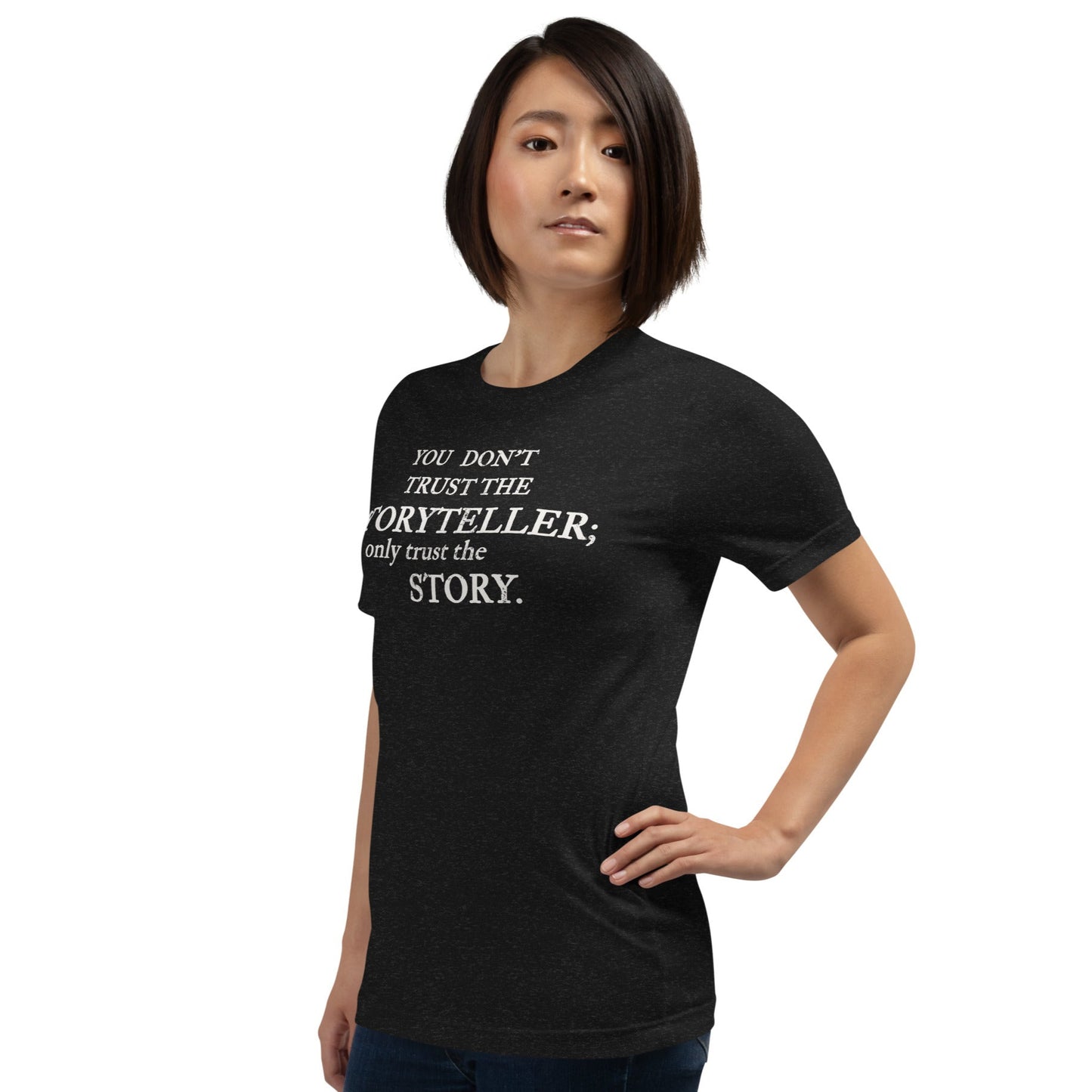 Female model wearing Sandman-inspired Trust the Story t-shirt — front view with quote across chest.
