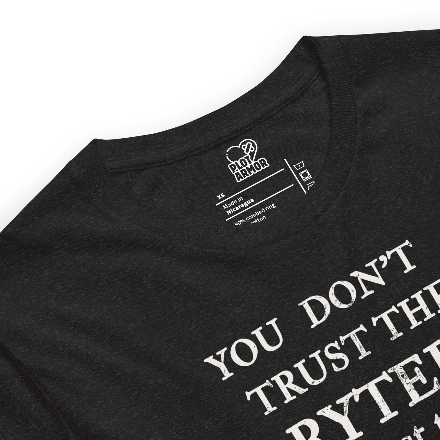 Close up of tshirt showing Plot Armor logo branding inside shirt