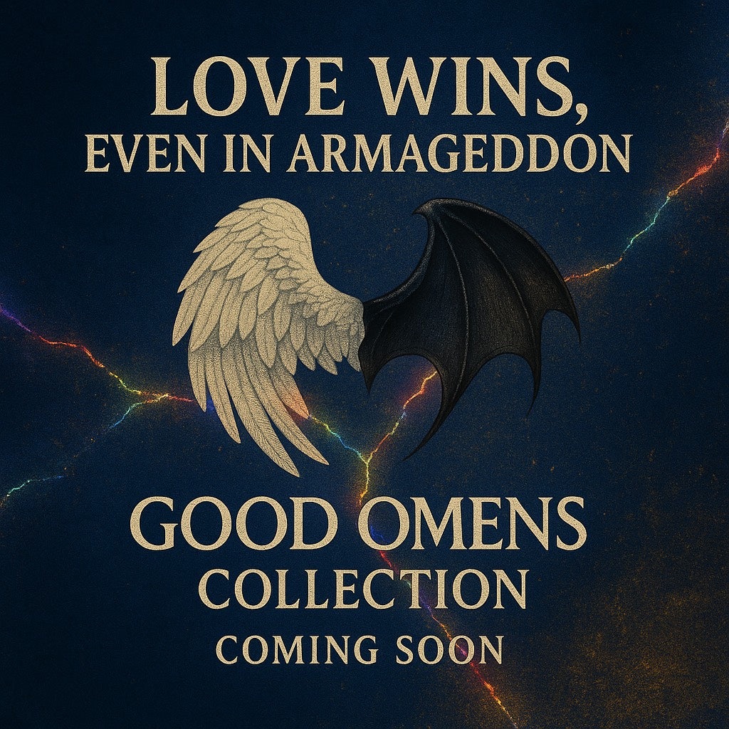 An image of wings one black devil wing and one white feathered angel wing with rainbow lightning. Text overlay Love wins, even in Armageddon. Good Omens collection coming soon.