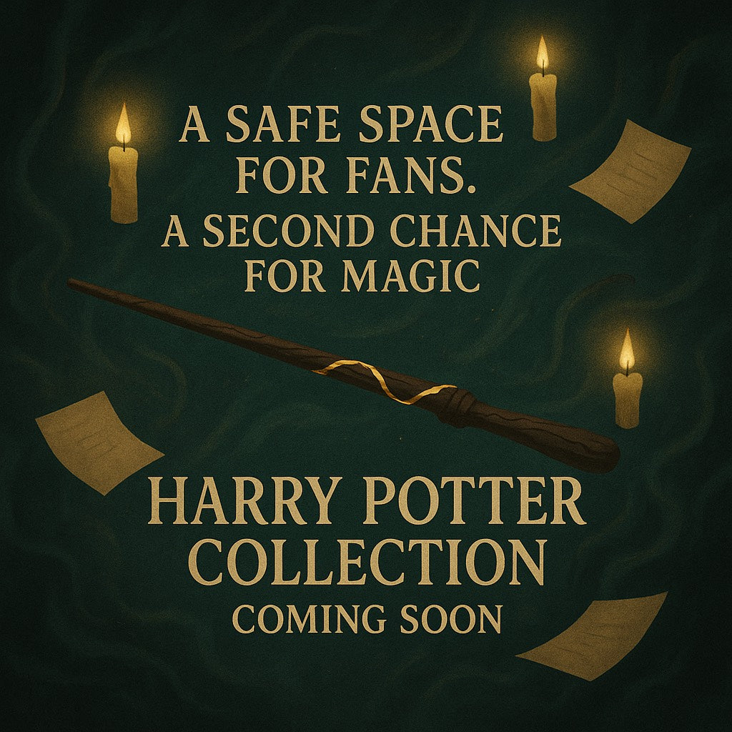 Image of a magical wand with candles. Text A safe space for fans. A second chance for magic. Harry Potter Collection Coming Soon.