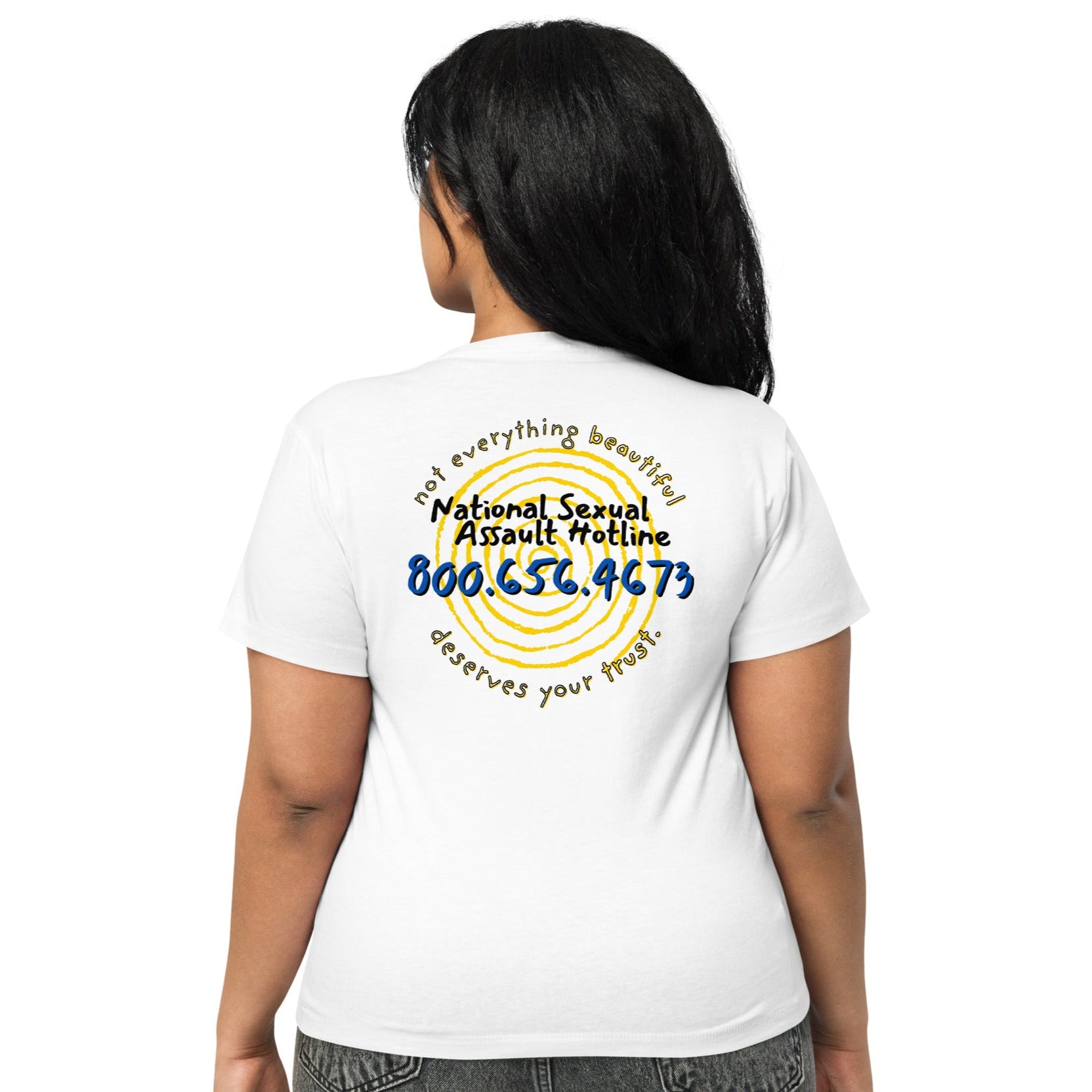 Plus-size model wearing high-waisted Not Everything Beautiful t-shirt  back view with hotline design and spiral.
