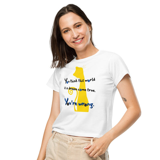 Female model wearing Coraline-inspired high-waisted Not Everything Beautiful t-shirt front view with twisted Coraline quote.