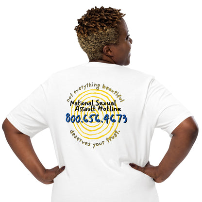 Plus-size model wearing Not Everything Beautiful t-shirt  back view with hotline and symbolic spiral artwork.