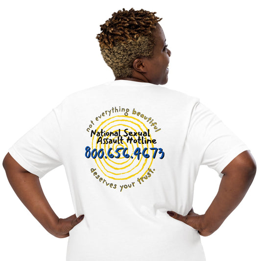 Plus-size model wearing Not Everything Beautiful t-shirt  back view with hotline and symbolic spiral artwork.
