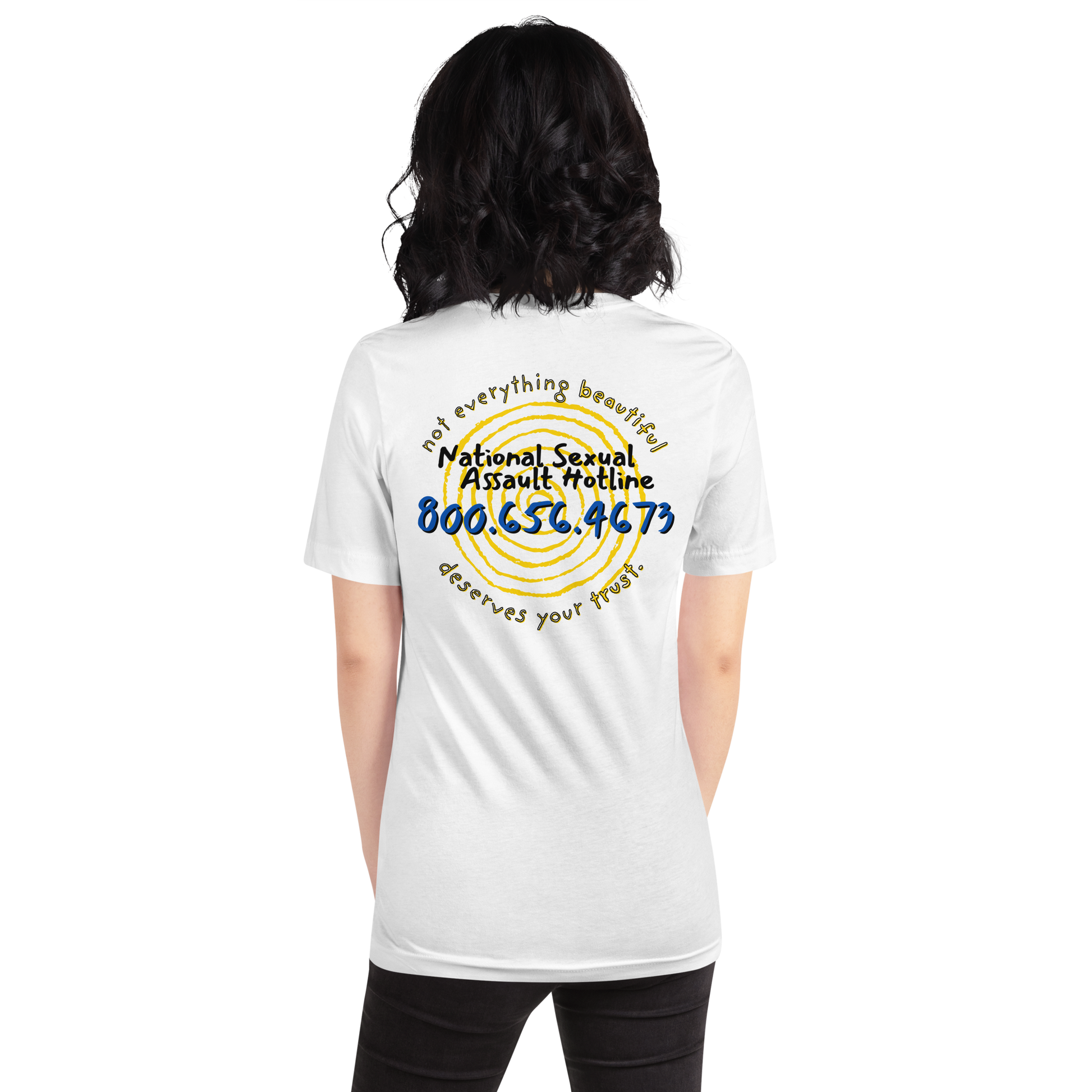 Female model wearing Not Everything Beautiful t-shirt  back view showing hotline and spiraling portal design.