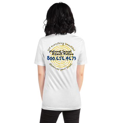 Female model wearing Not Everything Beautiful t-shirt  back view showing hotline and spiraling portal design.