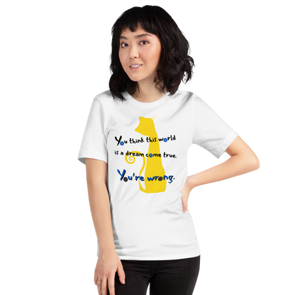 Female model wearing Not Everything Beautiful Coraline-inspired t-shirt  front view with twisted Coraline quote.