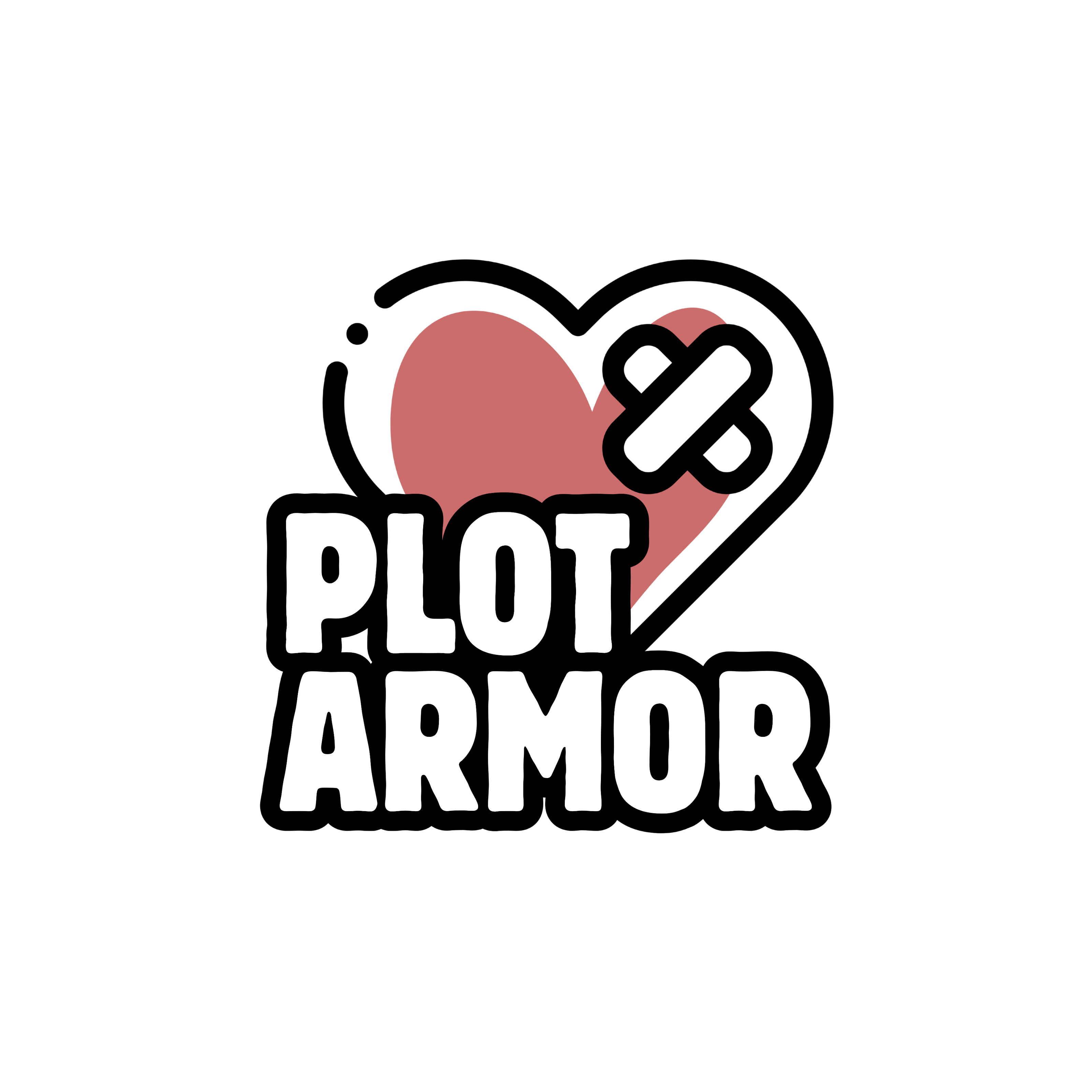 Plot Armor Logo black outlined text and heart with white letters Plot Armor and a pink heart inside the black outline heart with a white band aid on the corner.