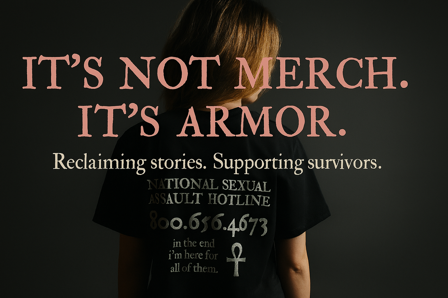 Photo of the back of a woman wearing a Sandman inspired shirt with the header text It's Not Merch. It's Armor. Reclaiming stories. Supporting survivors. 