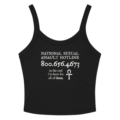 Flat lay of Trust the Story Sandman tank top - back side with Death quote and hotline.