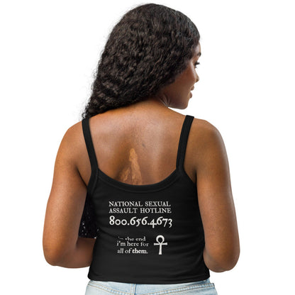 Model wearing Trust the Story t-shirt -back view with Death quote and hotline number