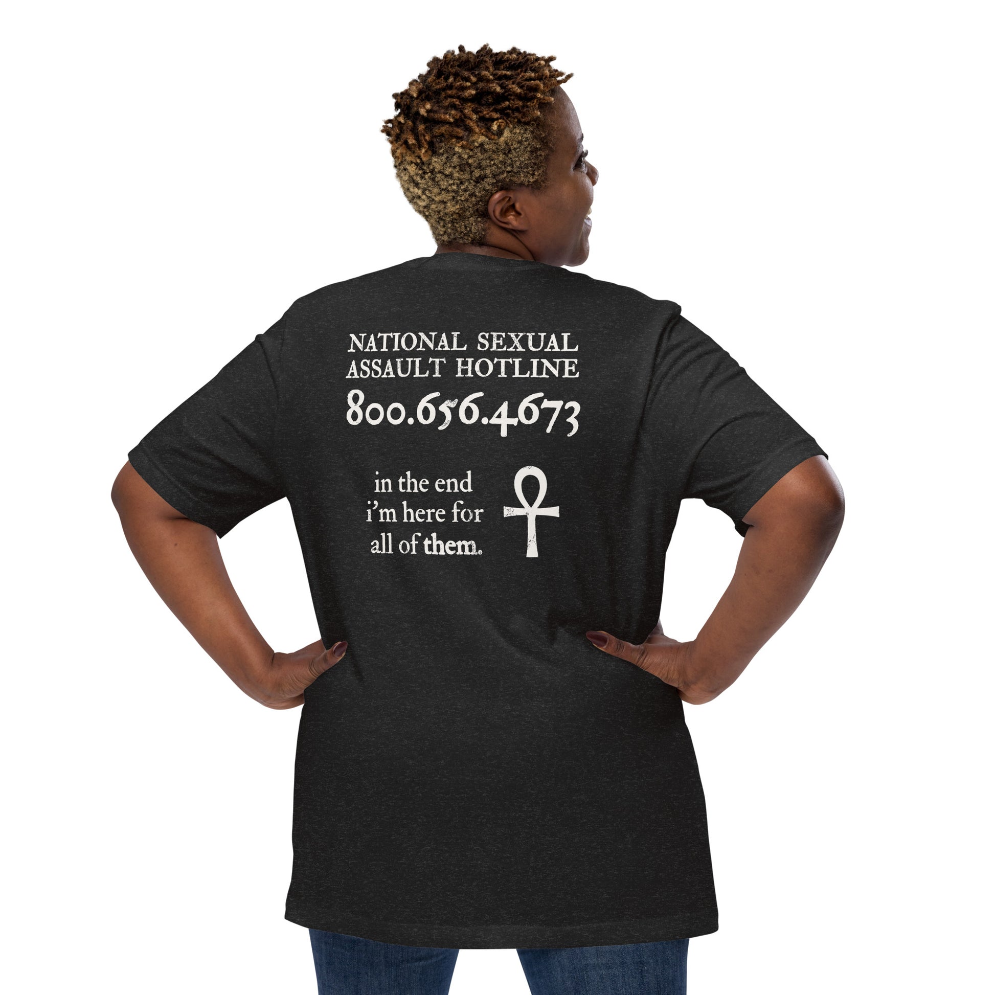 Plus-size model wearing Trust the Story t-shirt — back view with Death quote and survivor support hotline.