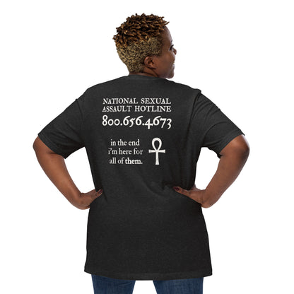 Plus-size model wearing Trust the Story t-shirt — back view with Death quote and survivor support hotline.