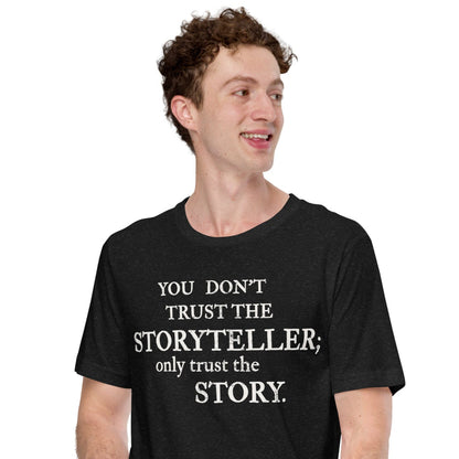 Male model wearing Sandman-inspired Trust the Story t-shirt — front view with quote across chest.