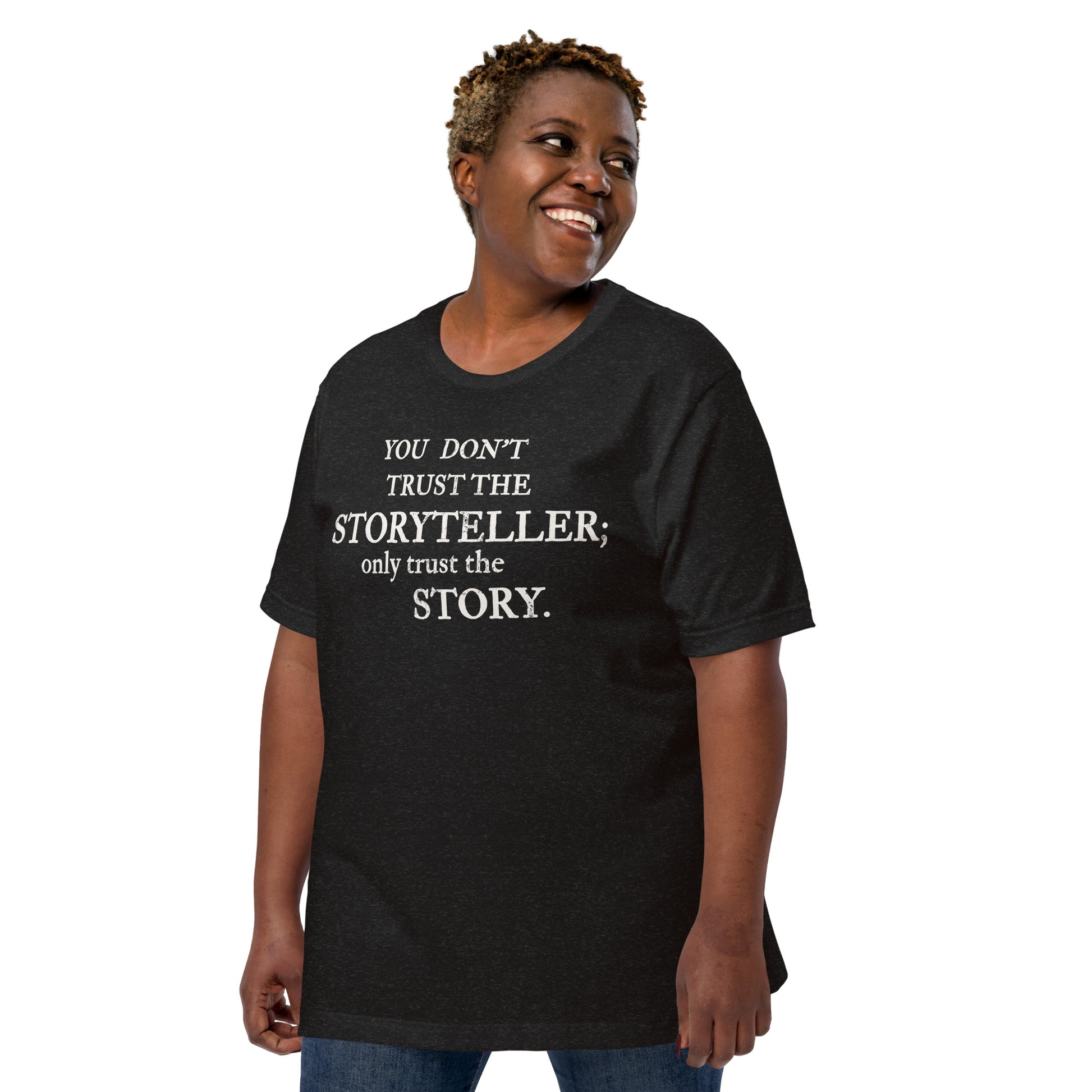 Plus-size model wearing Trust the Story Sandman-inspired t-shirt — front view with quote across chest.
