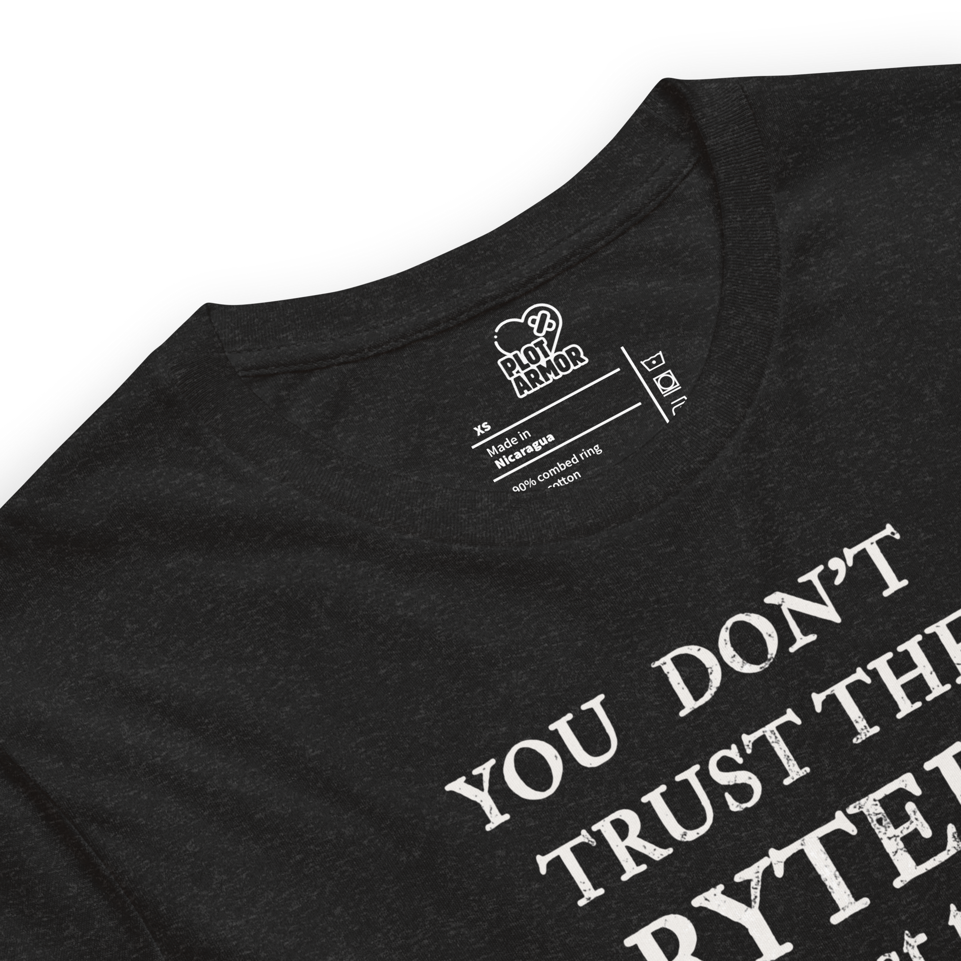 Close up of tshirt showing Plot Armor logo branding inside shirt