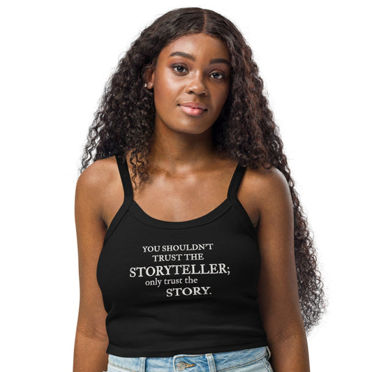 Model wearing Sandman-inspired Trust the Story ttank top - front view with quote across chest.